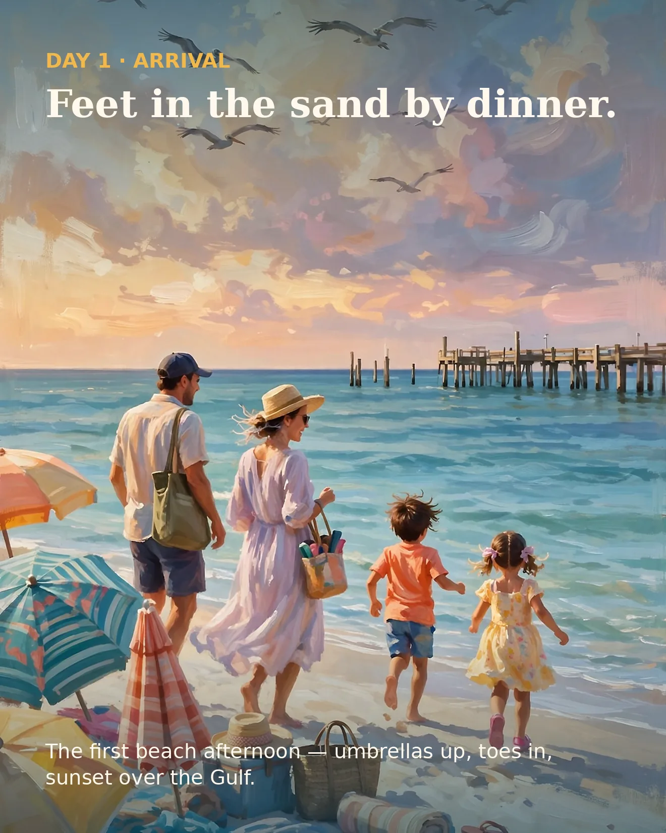 Day 1 itinerary card: a family arriving on the beach at golden hour
