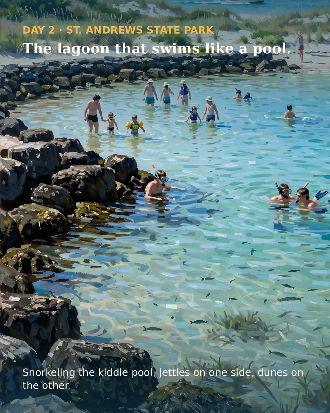 Day 2 itinerary card: families snorkeling the kiddie pool lagoon