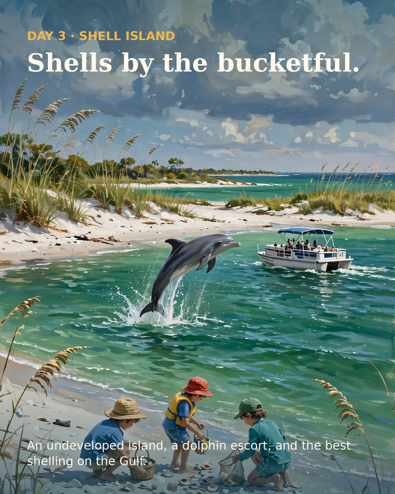 Day 3 itinerary card: kids shelling on Shell Island with a leaping dolphin