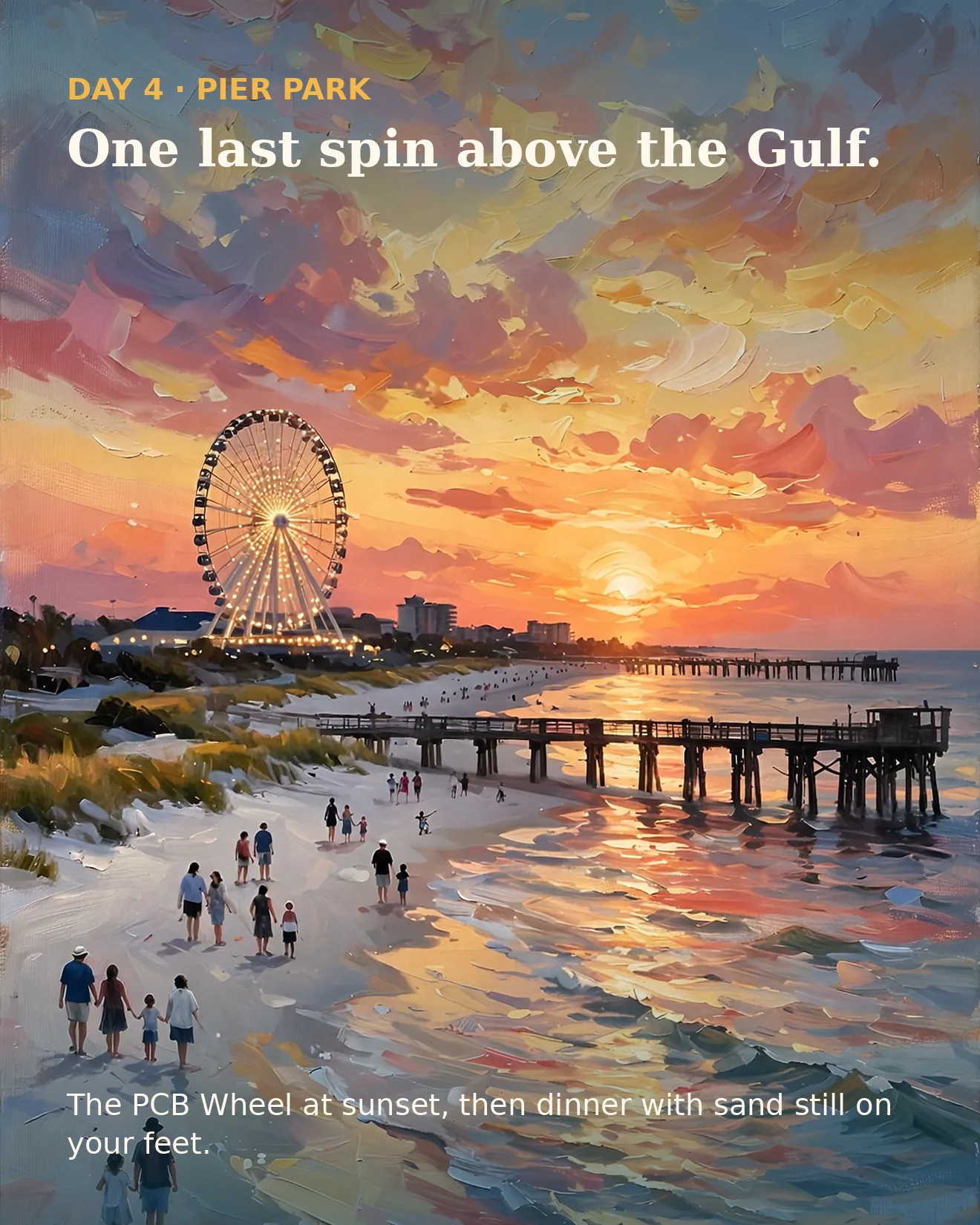 Day 4 itinerary card: the observation wheel glowing at sunset over the beach