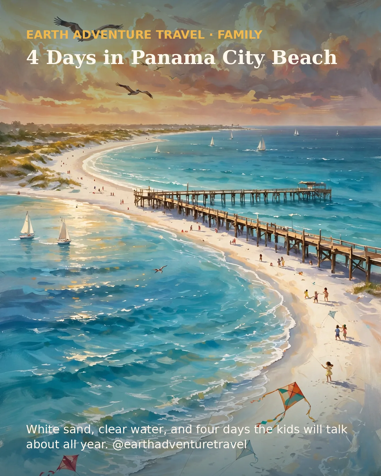 Panama City Beach family travel guide cover: a painterly golden-hour beach with a fishing pier, sailboats, and kids flying kites — a 4-day family itinerary