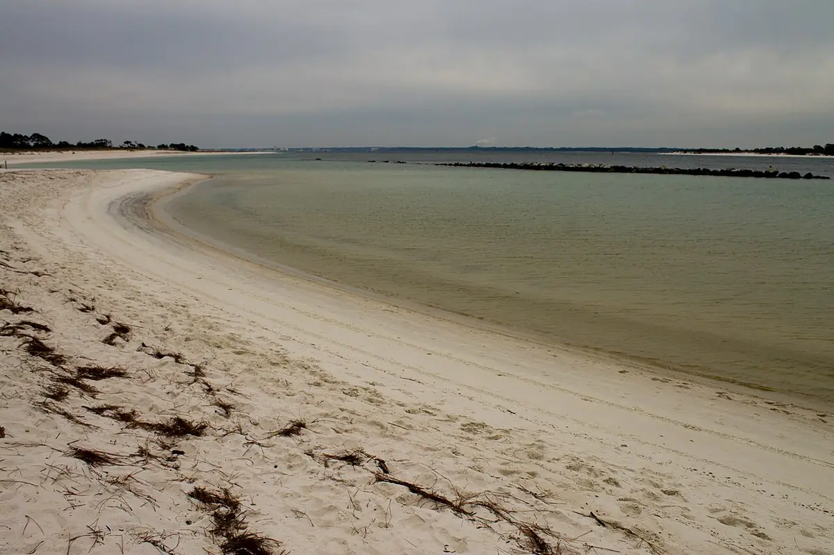 The calm protected lagoon shoreline at St. Andrews State Park