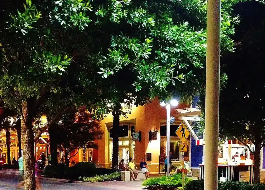 Pier Park shops lit up at night