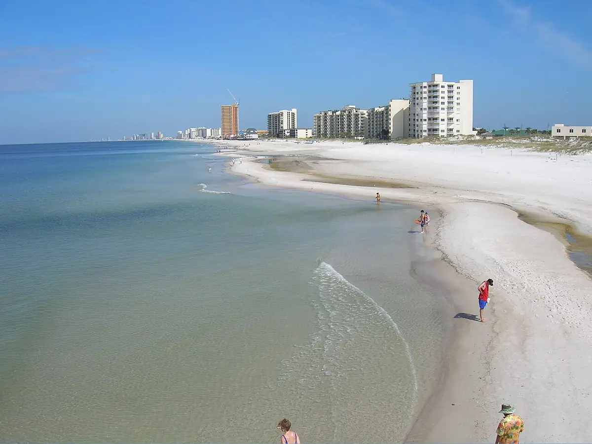 Panama City Beach shoreline with white sand and beachfront condos