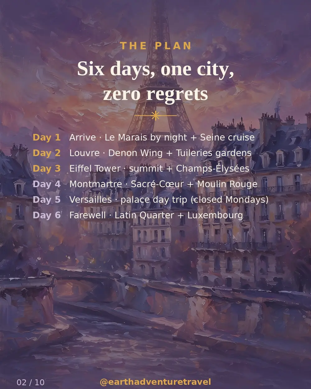 Illustrated six-day Paris couples route plan
