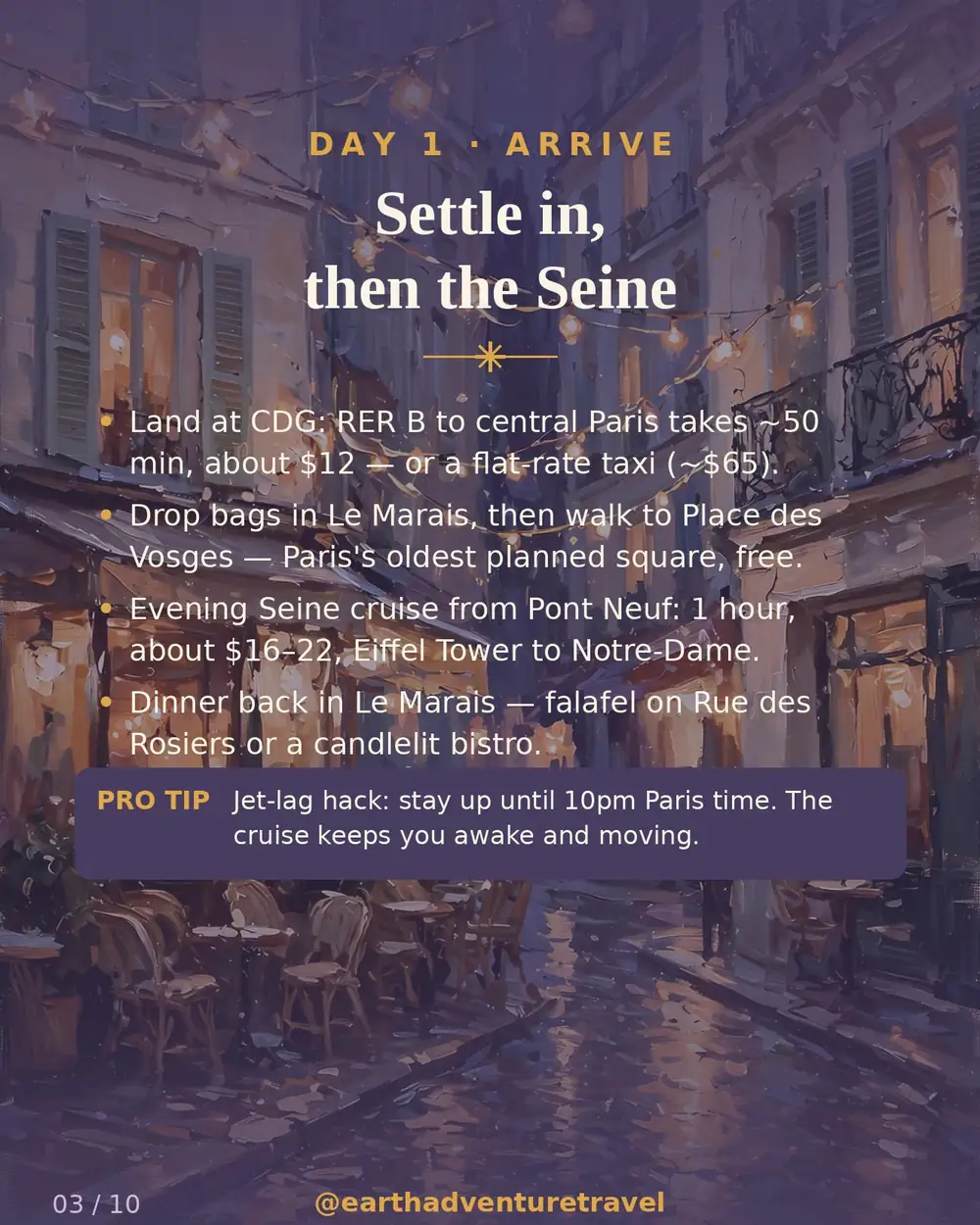 Day 1 graphic: arriving in Le Marais and cruising the Seine