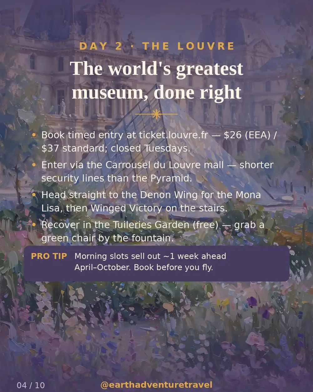 Day 2 graphic: the Louvre Pyramid and the Tuileries Garden