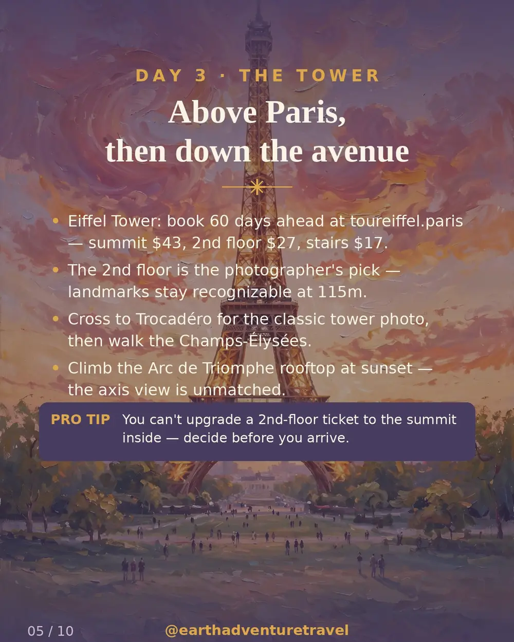 Day 3 graphic: the Eiffel Tower from the Champ de Mars