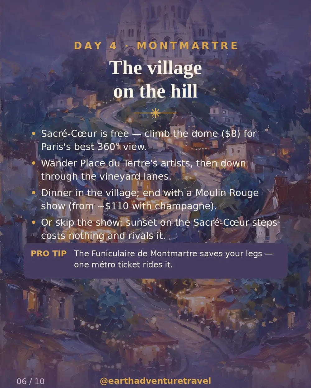 Day 4 graphic: Sacré-Cœur above Montmartre at twilight