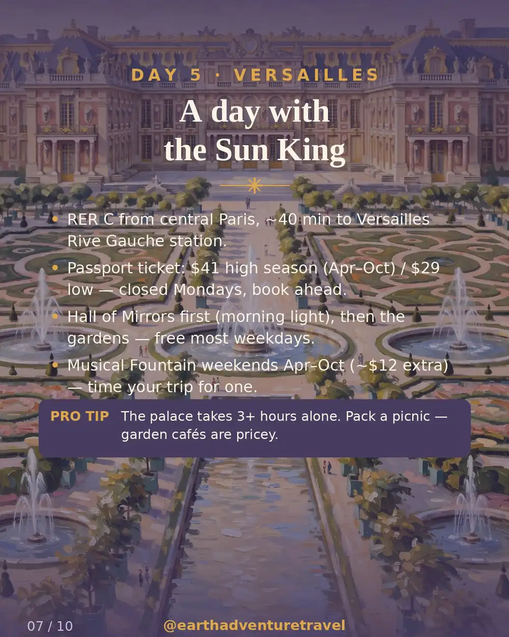 Day 5 graphic: the Palace of Versailles and its gardens