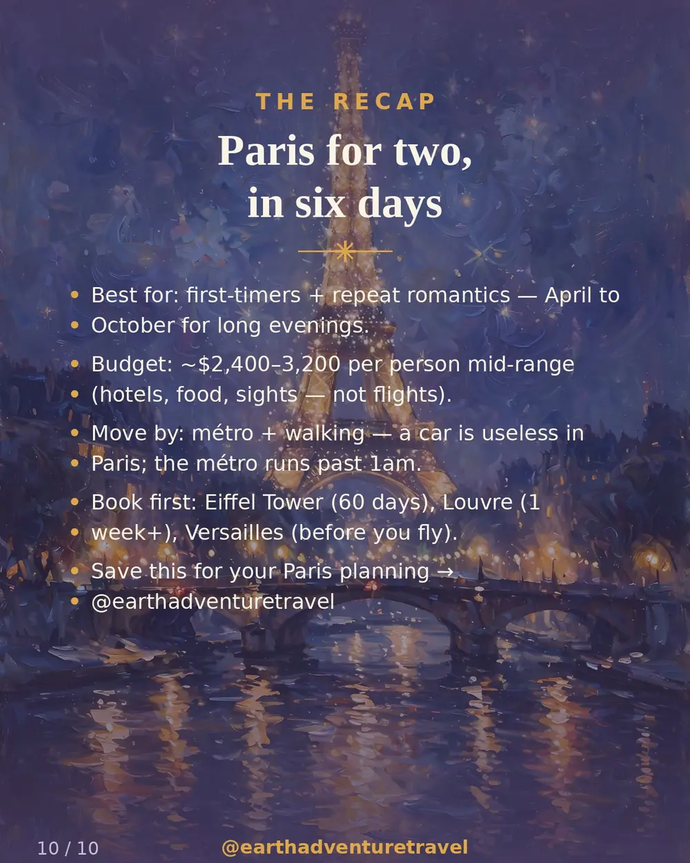 Saveable recap graphic for the six-day Paris couples route