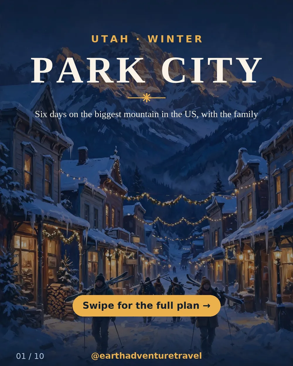 Illustrated Park City family ski guide cover: powder slopes, the Quicksilver Gondola, and Main Street lights