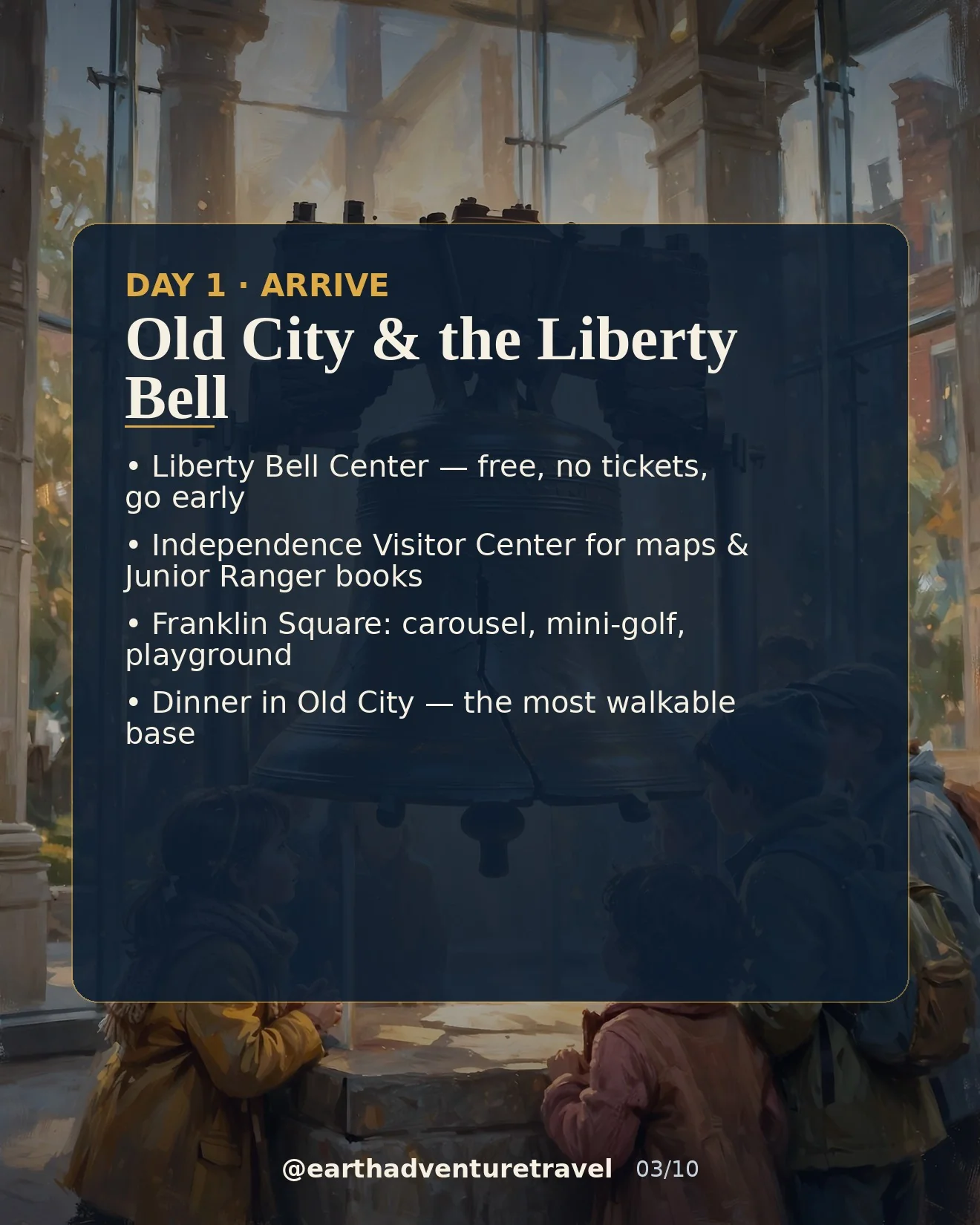 Day 1 graphic: the Liberty Bell glowing in its pavilion