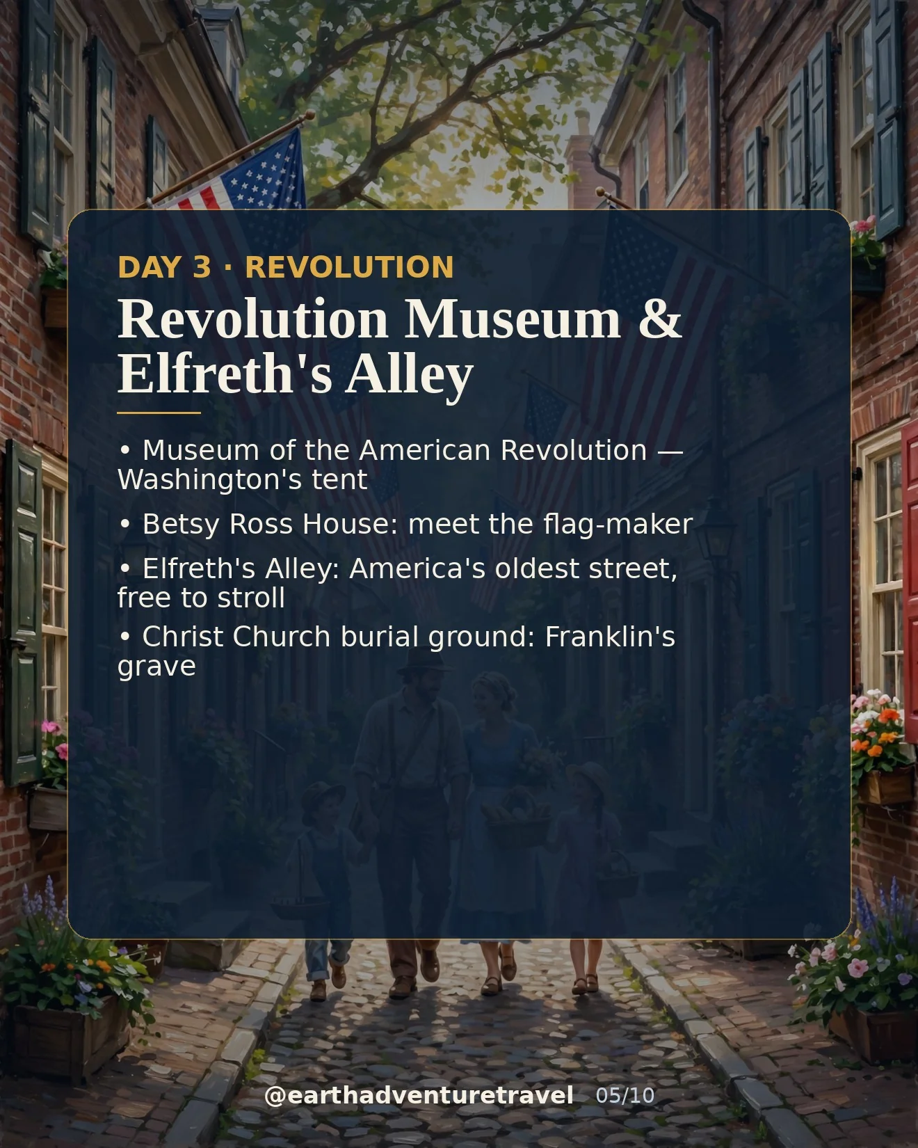 Day 3 graphic: Elfreth's Alley in the morning light