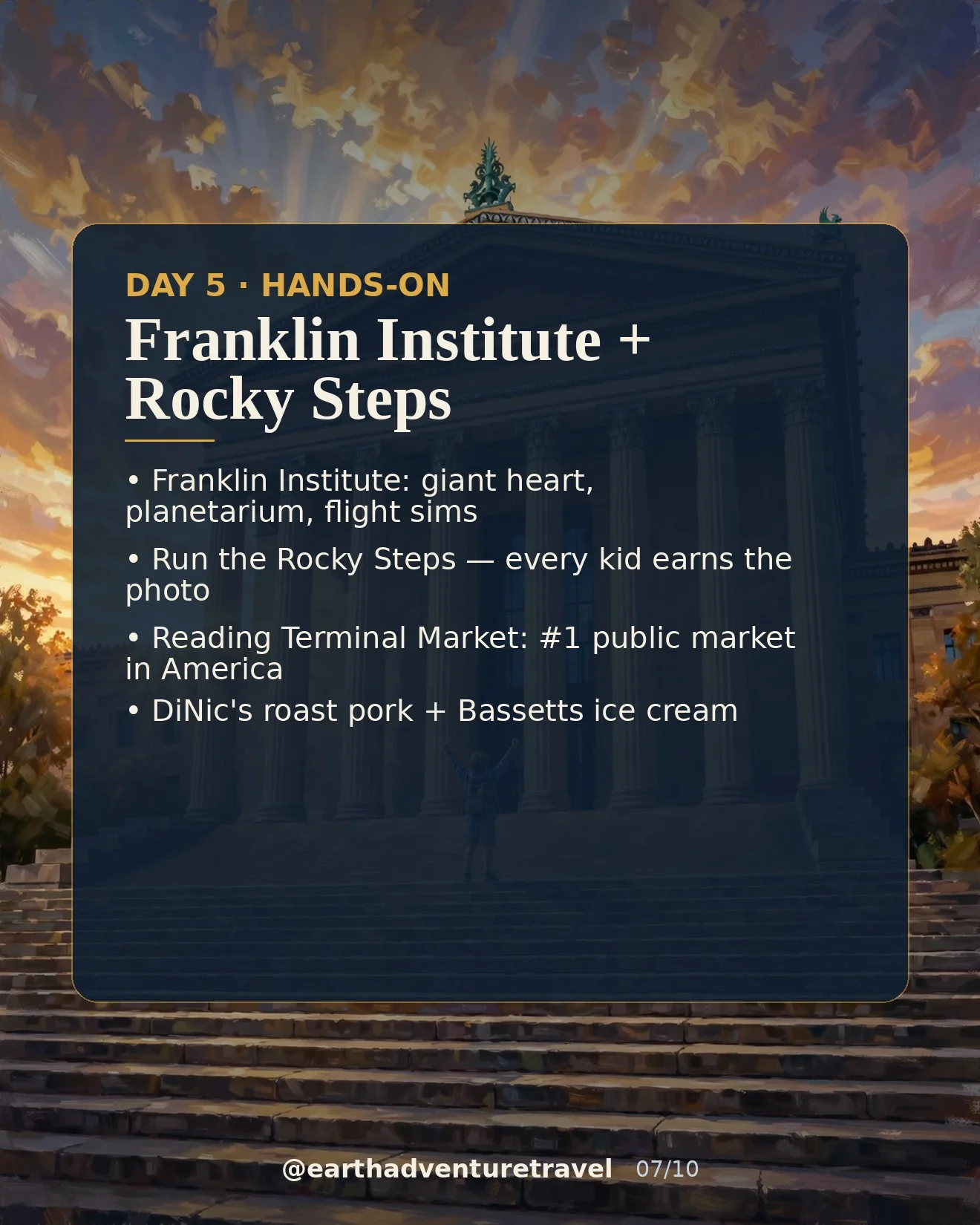 Day 5 graphic: the Rocky Steps at sunset