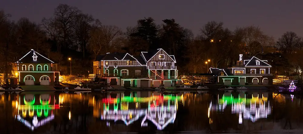 Boathouse Row lit up at night