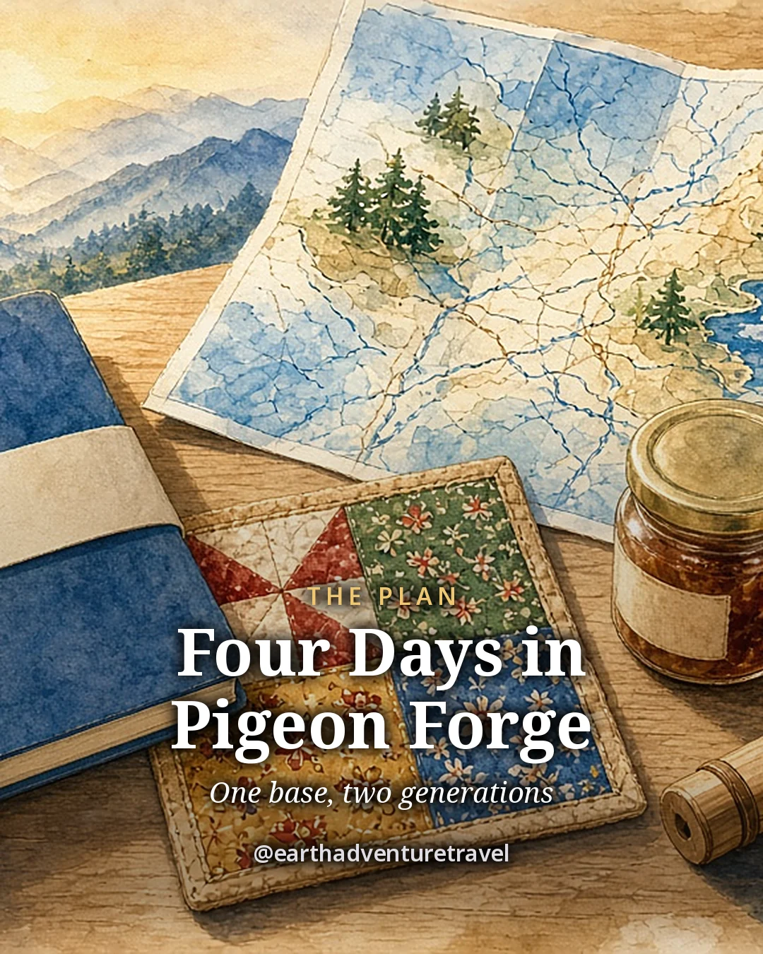 Illustration: the four-day Pigeon Forge plan card, a map, a notebook, a quilt square and a jar of honey on a table