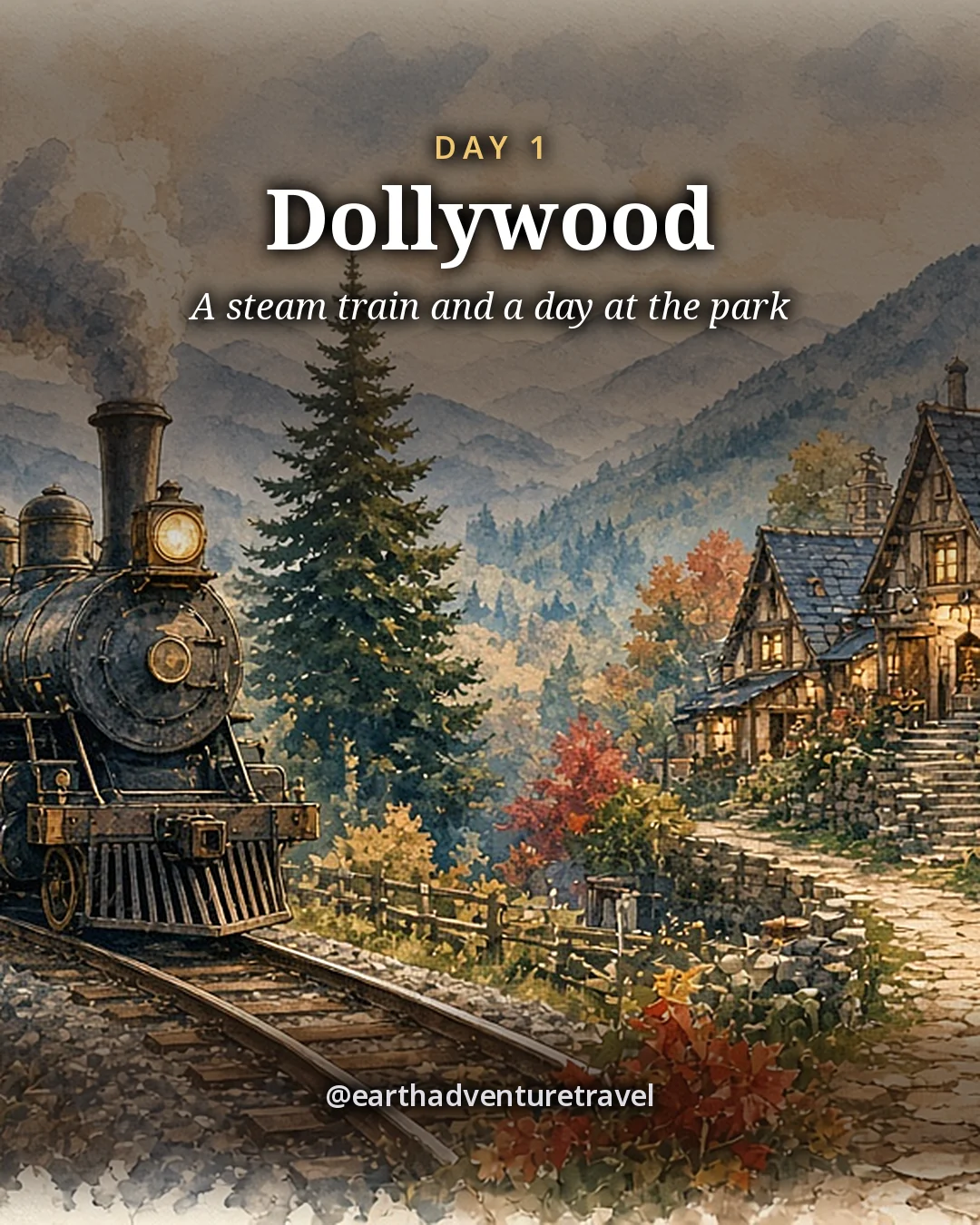 Illustration: a steam locomotive beside a cottage village in autumn woods, illustrated day card for Day 1