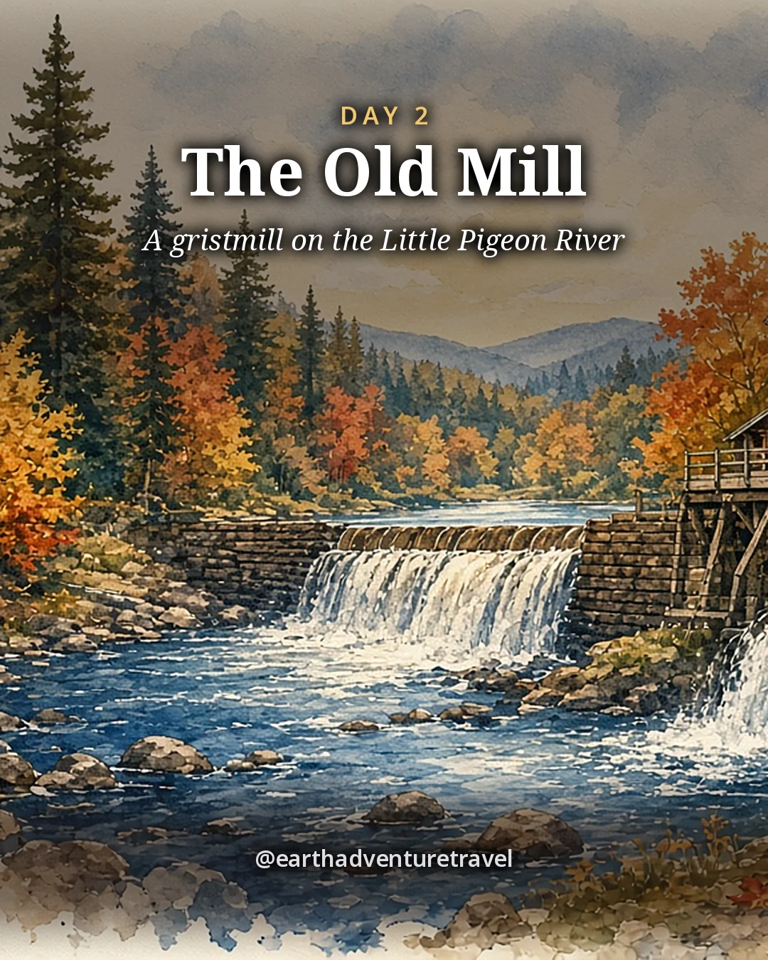 Illustration: a red mill and its waterwheel above a waterfall on a river in autumn, illustrated day card for Day 2