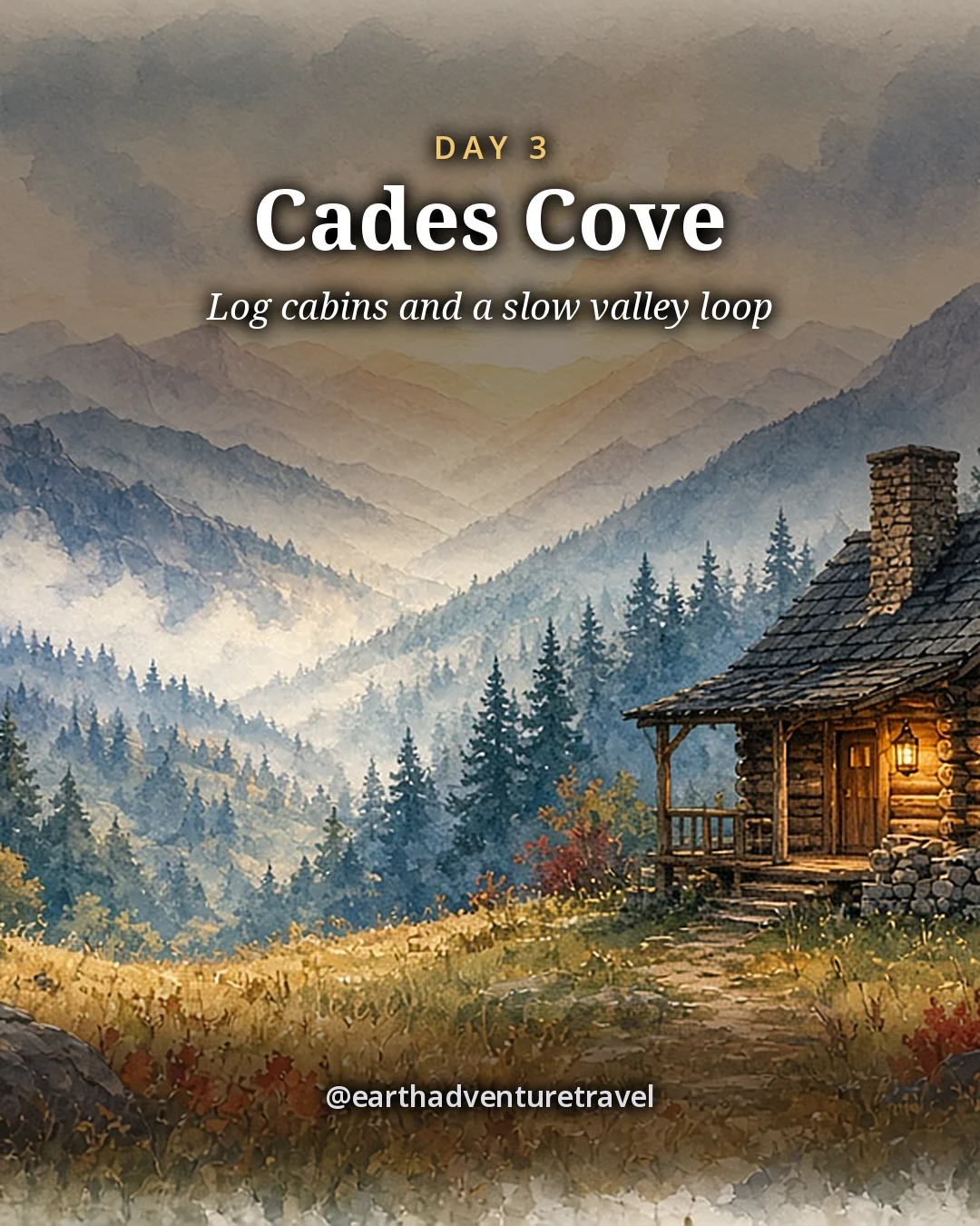 Illustration: a log cabin with a lit lantern in a misty mountain valley, illustrated day card for Day 3