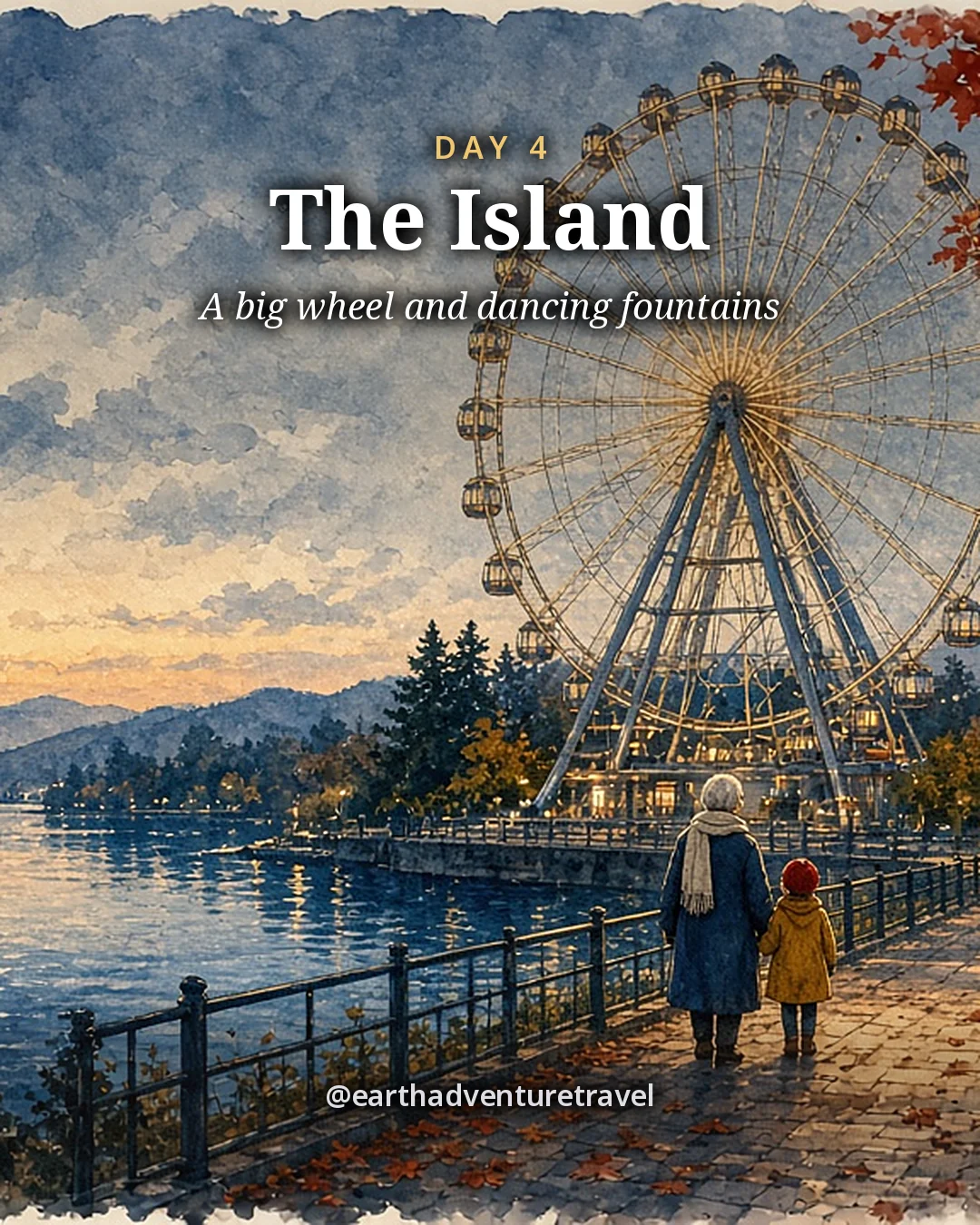 Illustration: a grandparent and grandchild seen from behind by the water, looking up at a lit observation wheel at dusk, illustrated day card for Day 4