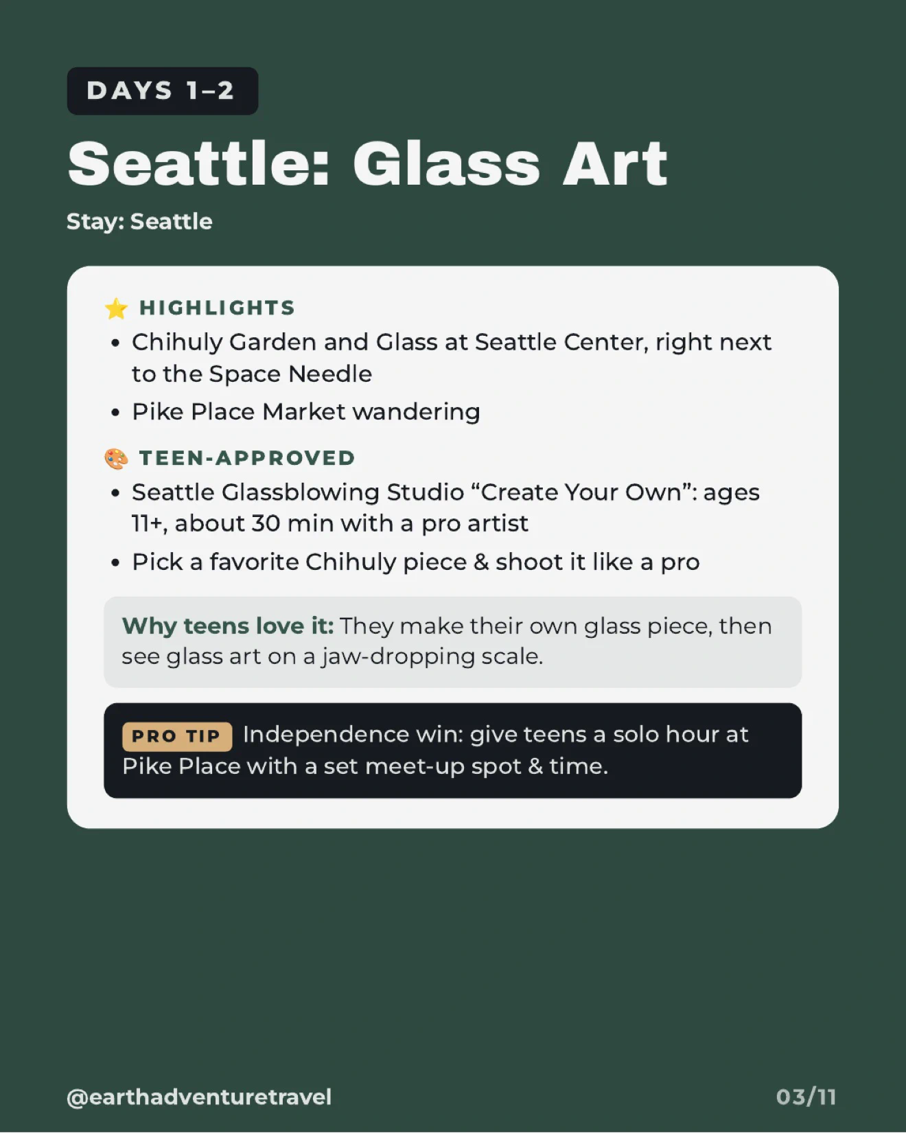 Days 1 and 2 itinerary graphic for glass art and independent exploring in Seattle