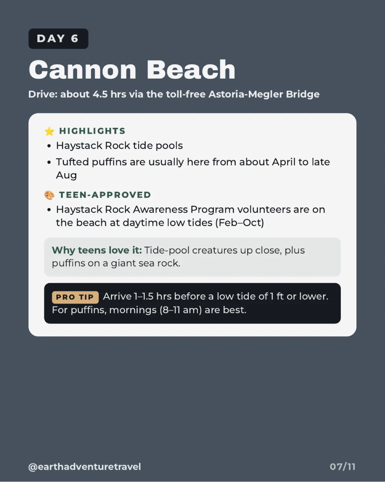 Day 6 itinerary graphic for Cannon Beach and Haystack Rock tide pools