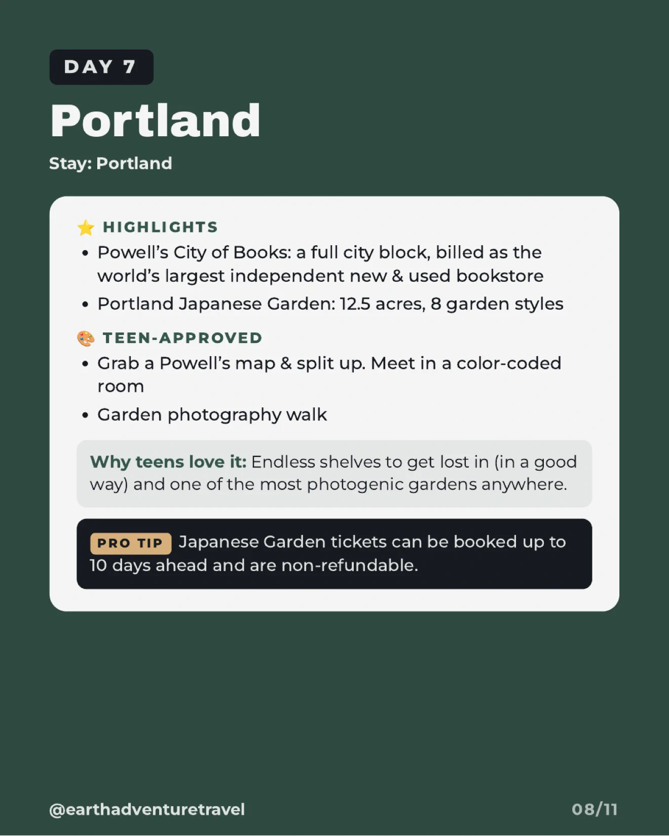 Day 7 itinerary graphic for Powell's City of Books and Portland Japanese Garden