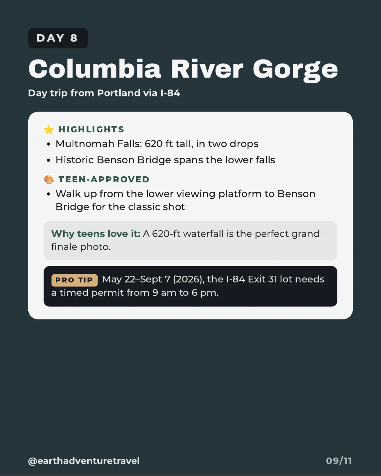 Day 8 itinerary graphic for Multnomah Falls in the Columbia River Gorge