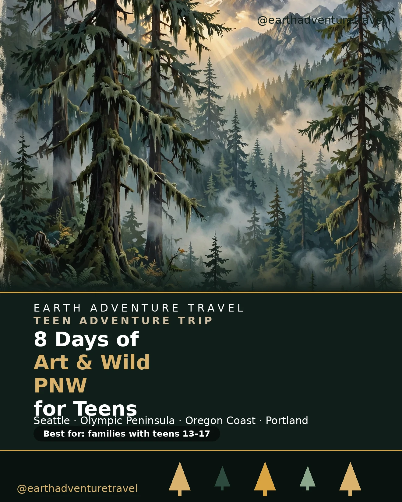 Illustrated cover for an eight-day Pacific Northwest art and wilderness trip with teens