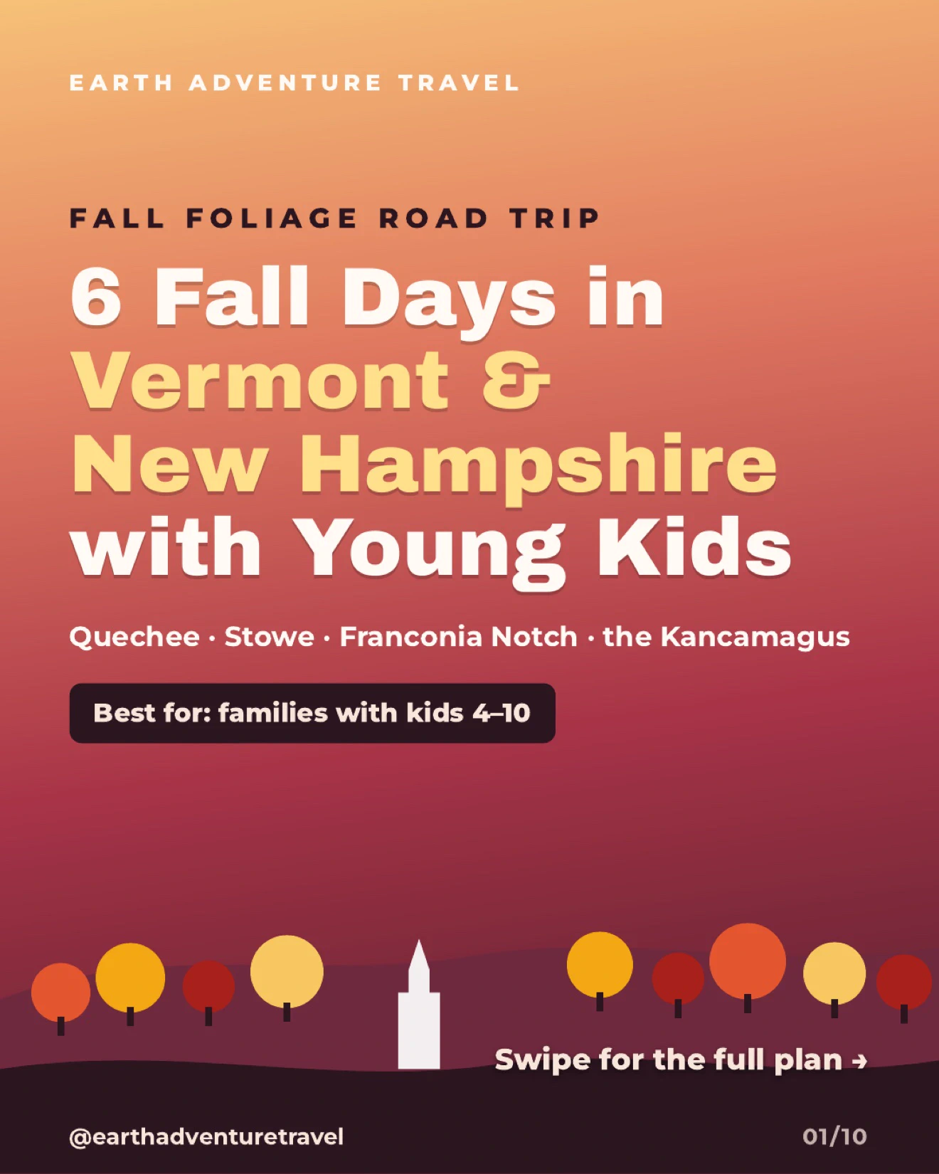 Illustrated cover for a six-day Vermont and New Hampshire fall foliage trip