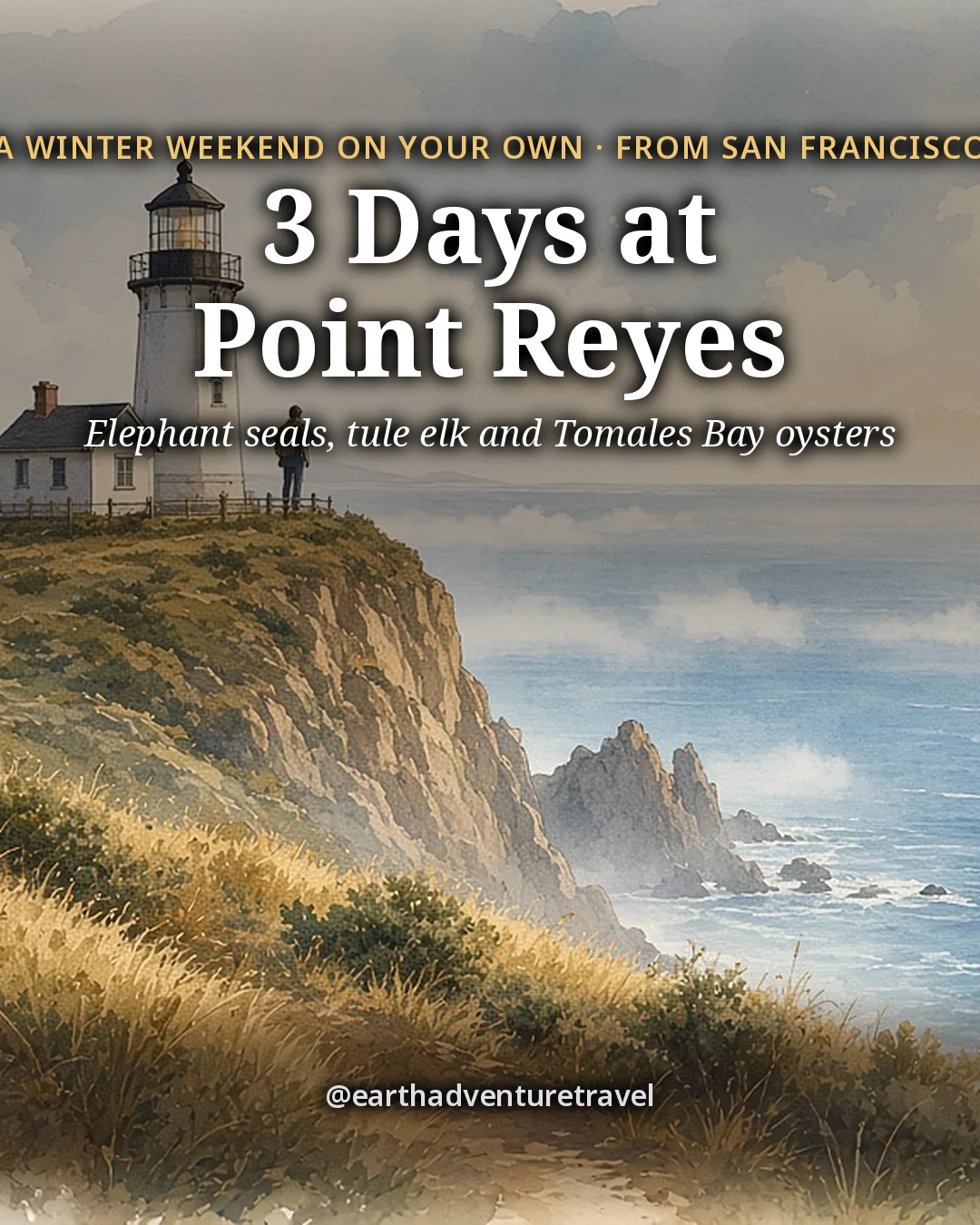 Illustration: the cover for 3 Days on Point Reyes, a white lighthouse on a rugged green headland above the Pacific with a whale spout far offshore in soft silver light