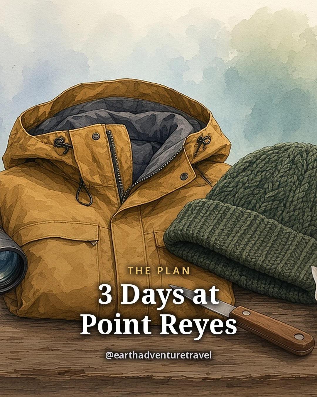 Illustration: a pair of binoculars, a waterproof shell jacket, a warm hat, a paper trail map, a refillable water bottle, an oyster knife and a small tin of cheese on a wooden table, original illustrated plan card for 3 days at Point Reyes
