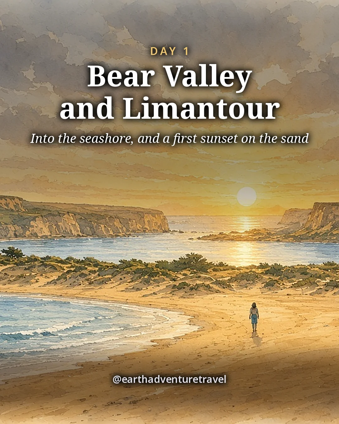 Illustration: a long pale sand beach curving away under a glowing sunset sky, with gentle surf and low dunes and the white cliffs in the distance, illustrated day card for Day 1