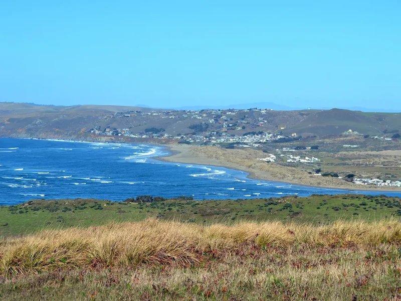 The blue water of Tomales Bay and the far shore seen over golden grass from the headland