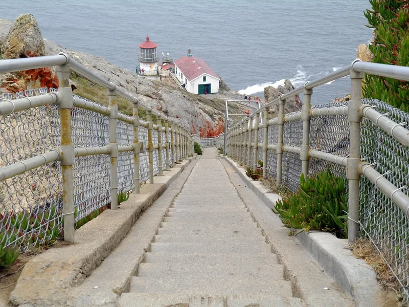 A long concrete stairway with railings leading down to the Point Reyes Lighthouse