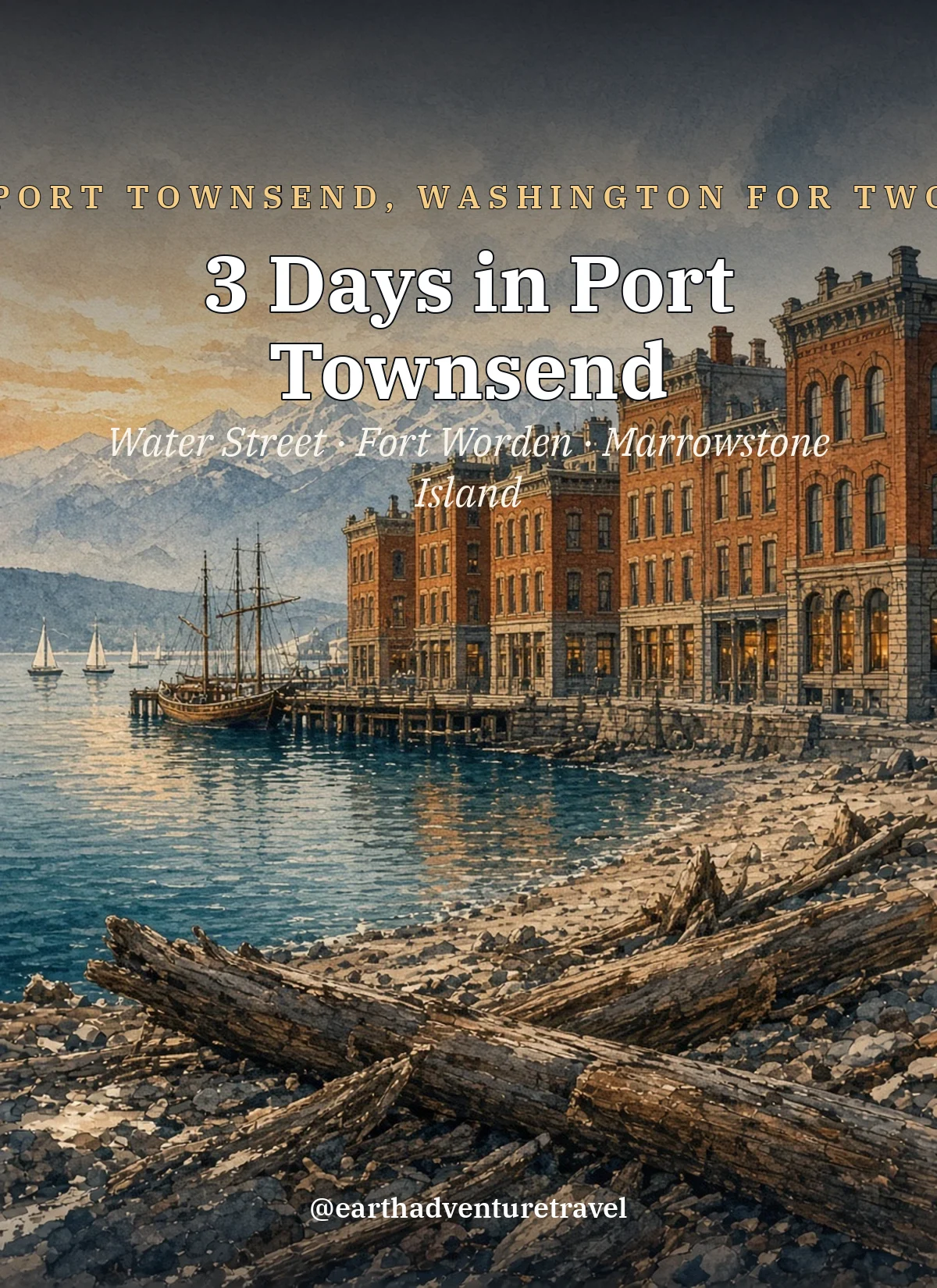 Original Illustration: Port Townsend's brick waterfront with a schooner on the bay and the Olympic Mountains behind