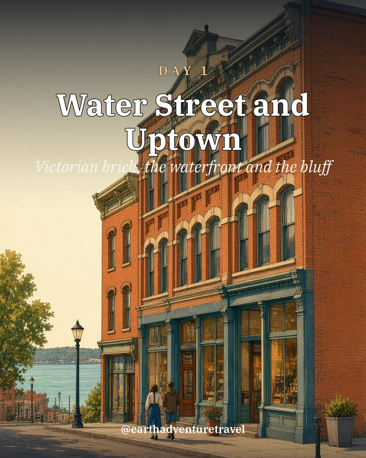 Illustrated day card: Victorian brick, the waterfront and the bluff