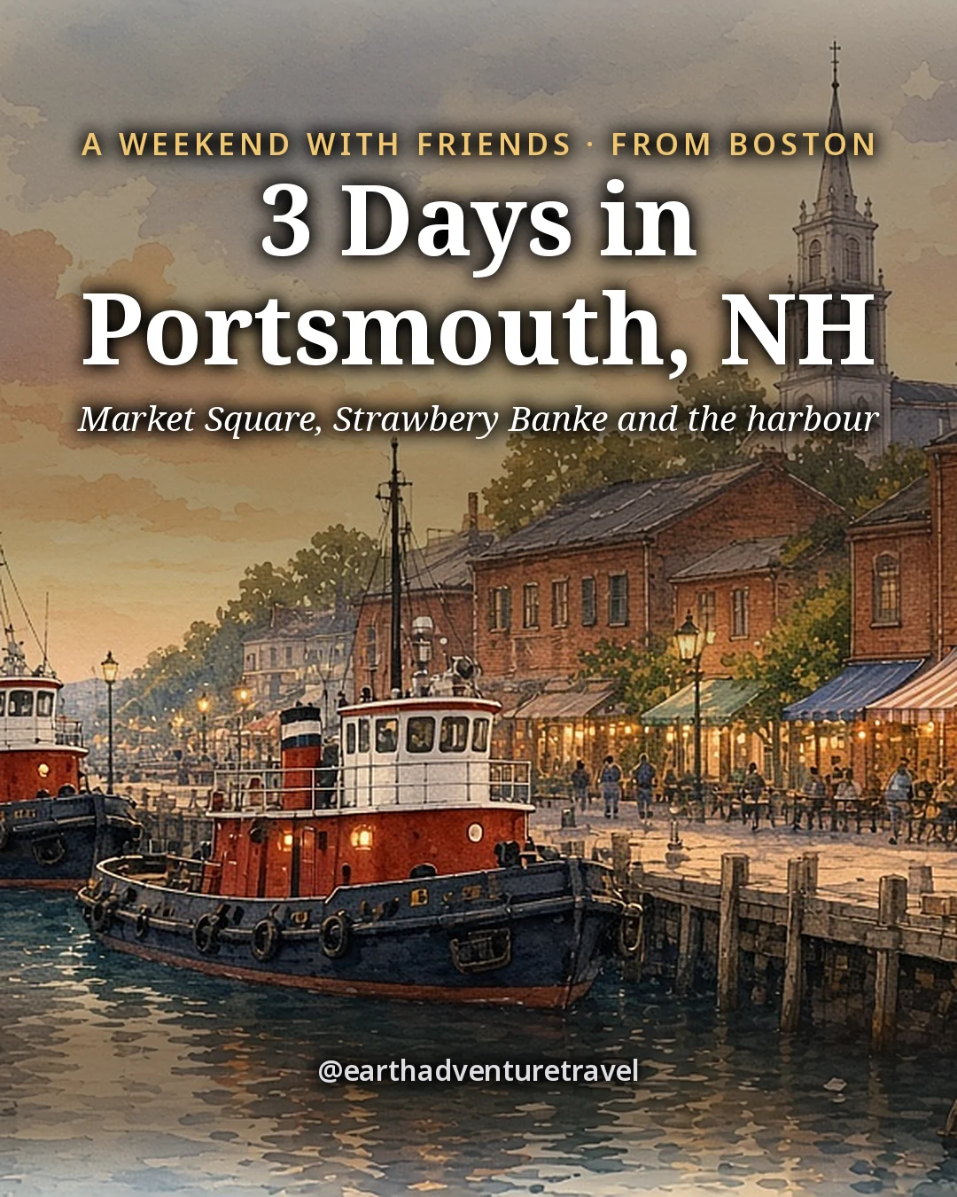 Illustration: the cover for 3 Days in Portsmouth, NH, red tugboats moored beside brick warehouses on a river harbor, a tall white church steeple rising behind in warm dusk light