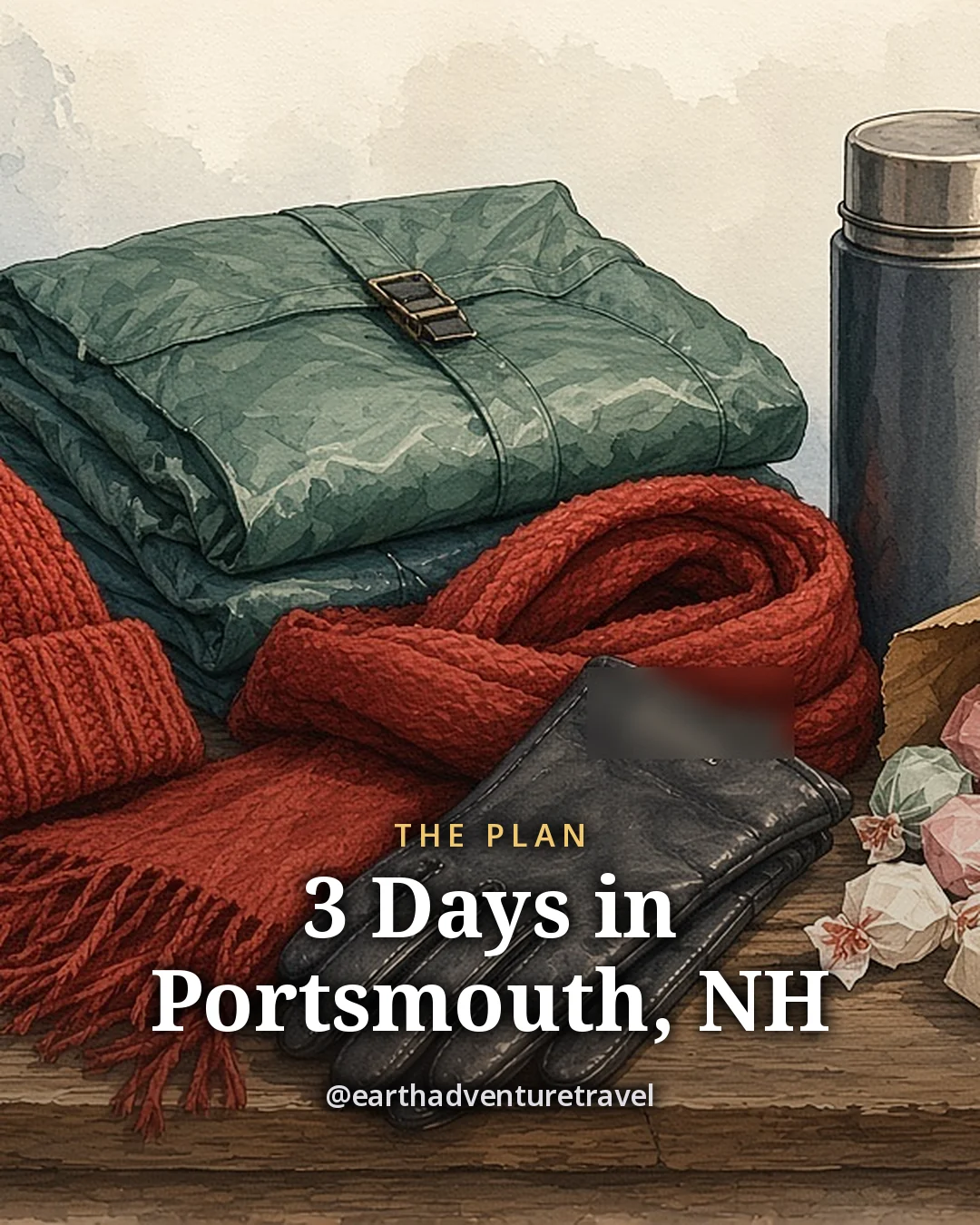 Illustration: a warm knit beanie, a packable rain shell, a blank bus-ticket stub, a small camera, a wool scarf and a bag of saltwater taffy on a wooden table, original illustrated plan card for 3 days in Portsmouth, NH