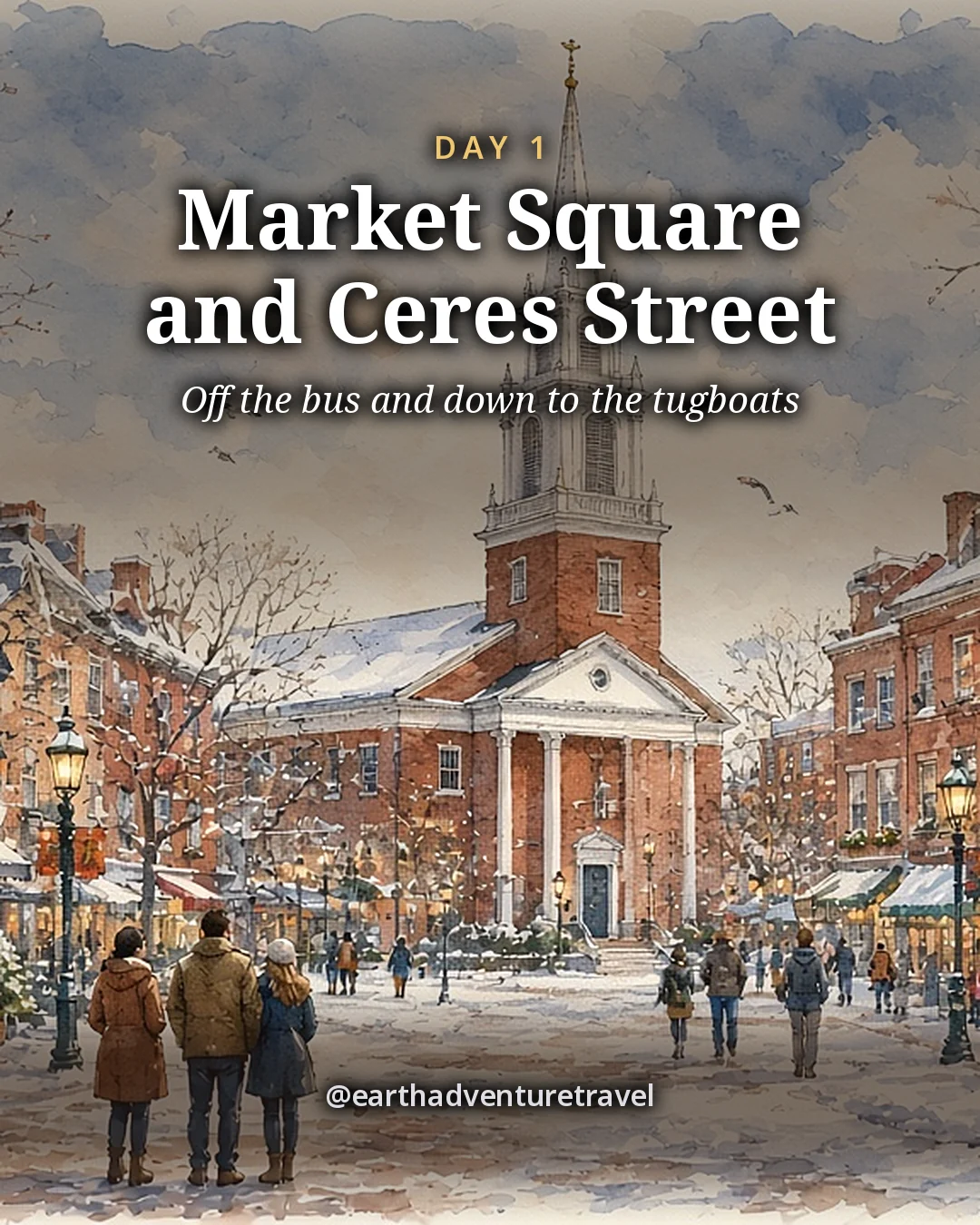 Illustration: a brick town square with a tall white church steeple, lit shop windows and lamp posts in light snow, illustrated day card for Day 1