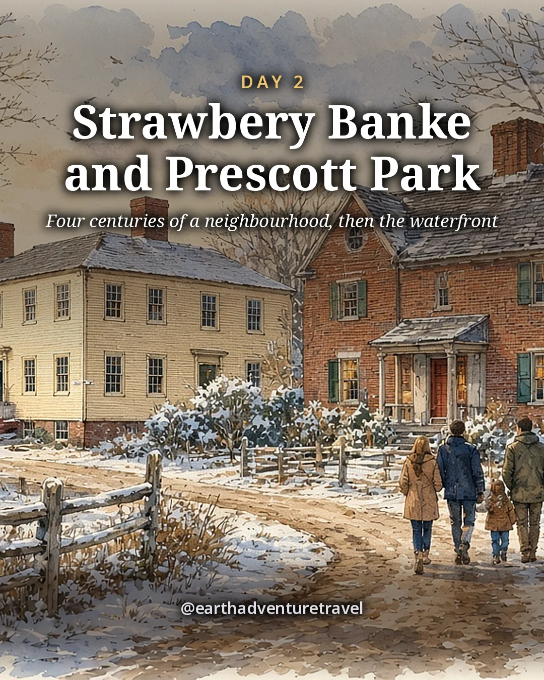 Illustration: old clapboard and brick houses along a quiet lane with a split-rail fence and a herb garden under frost, illustrated day card for Day 2