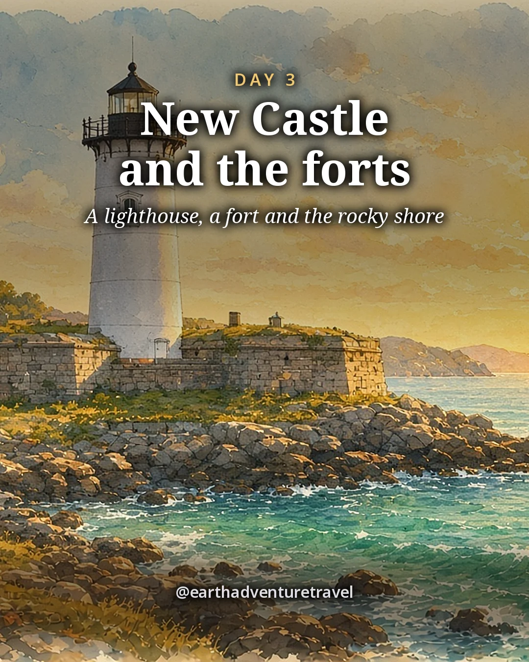 Illustration: a white lighthouse on the granite walls of an old fort at a harbor mouth with the open sea beyond on a crisp clear morning, illustrated day card for Day 3