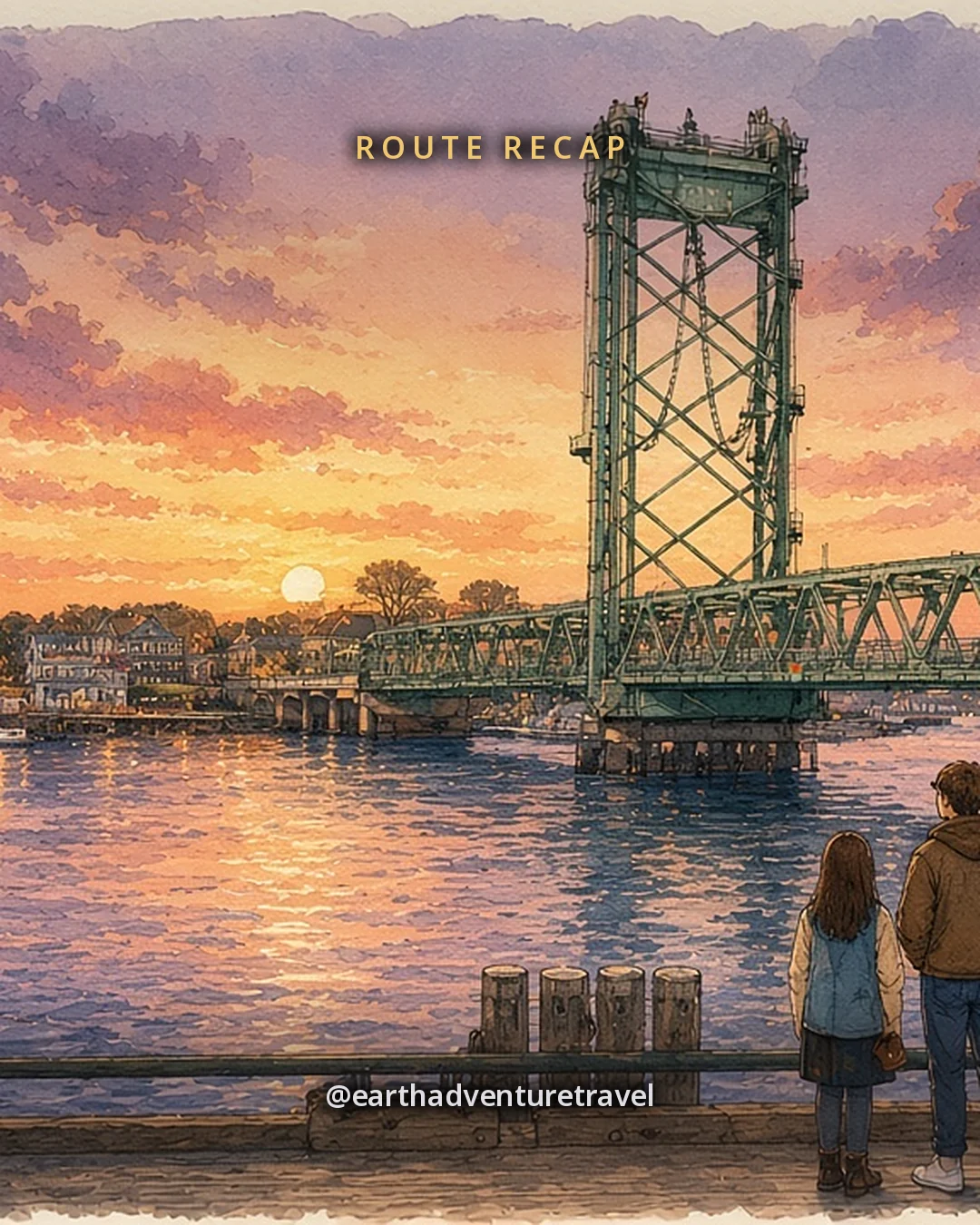 Illustration: a green steel lift bridge over a wide river at dusk, a brick harbor town with lit windows on the bank, original illustrated recap card