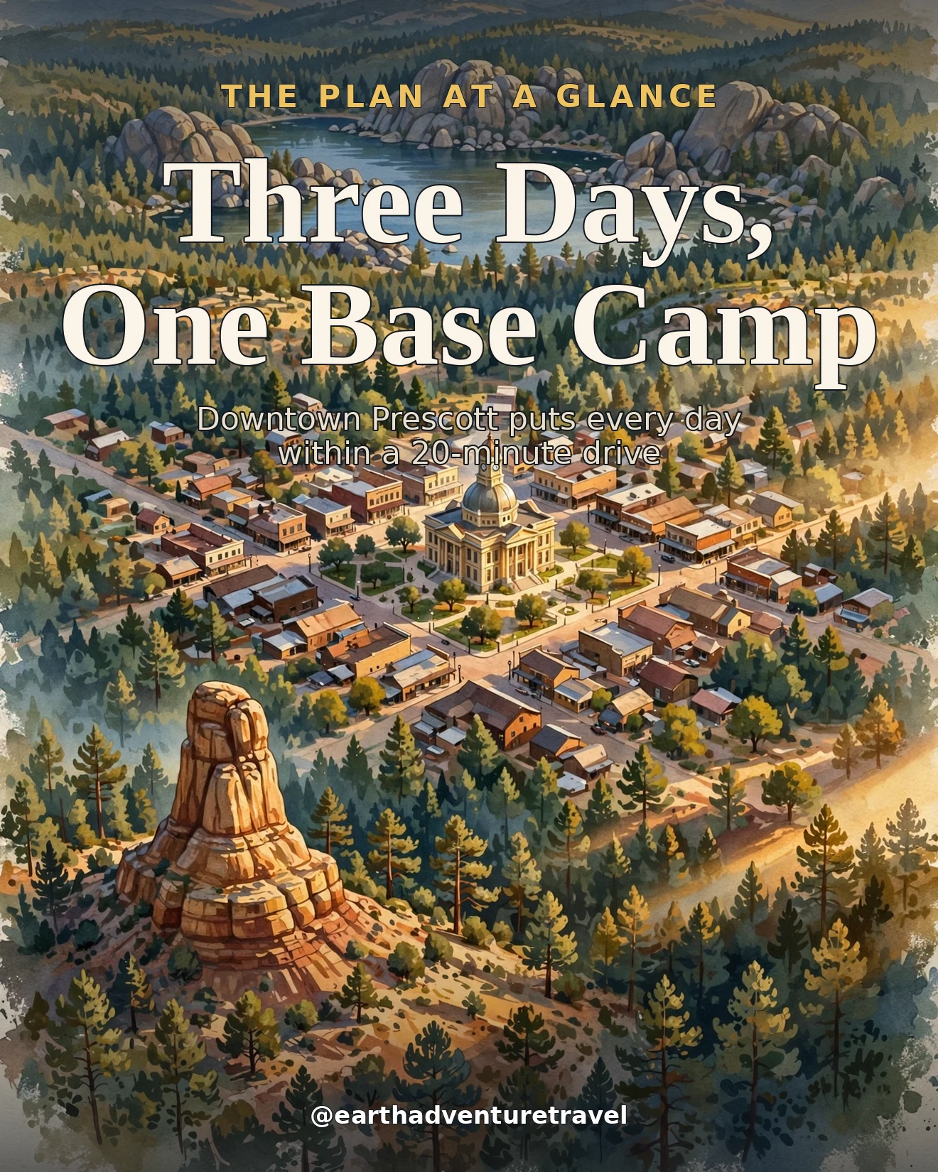 Prescott couples trip-plan graphic: the three-day route at a glance