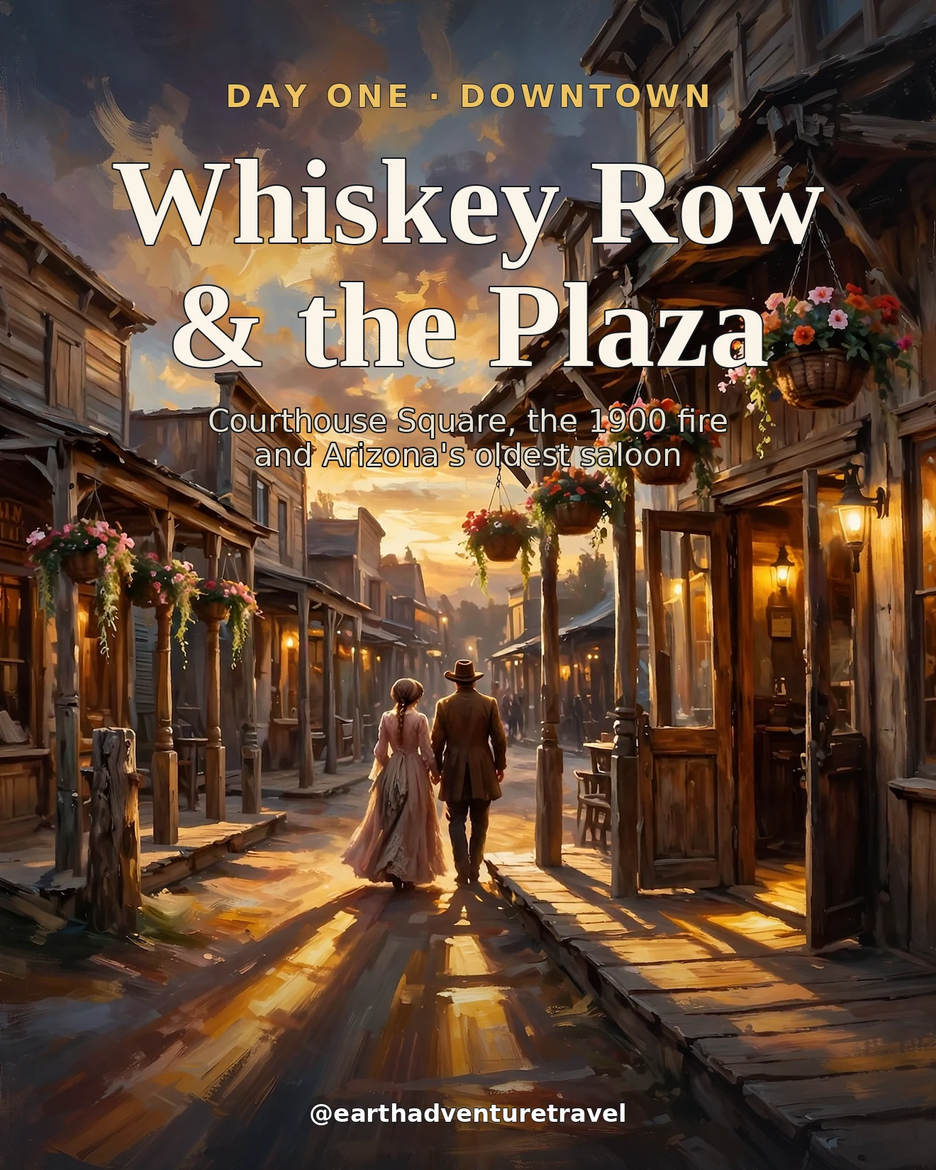 Day 1 itinerary card: a historic saloon street at golden hour