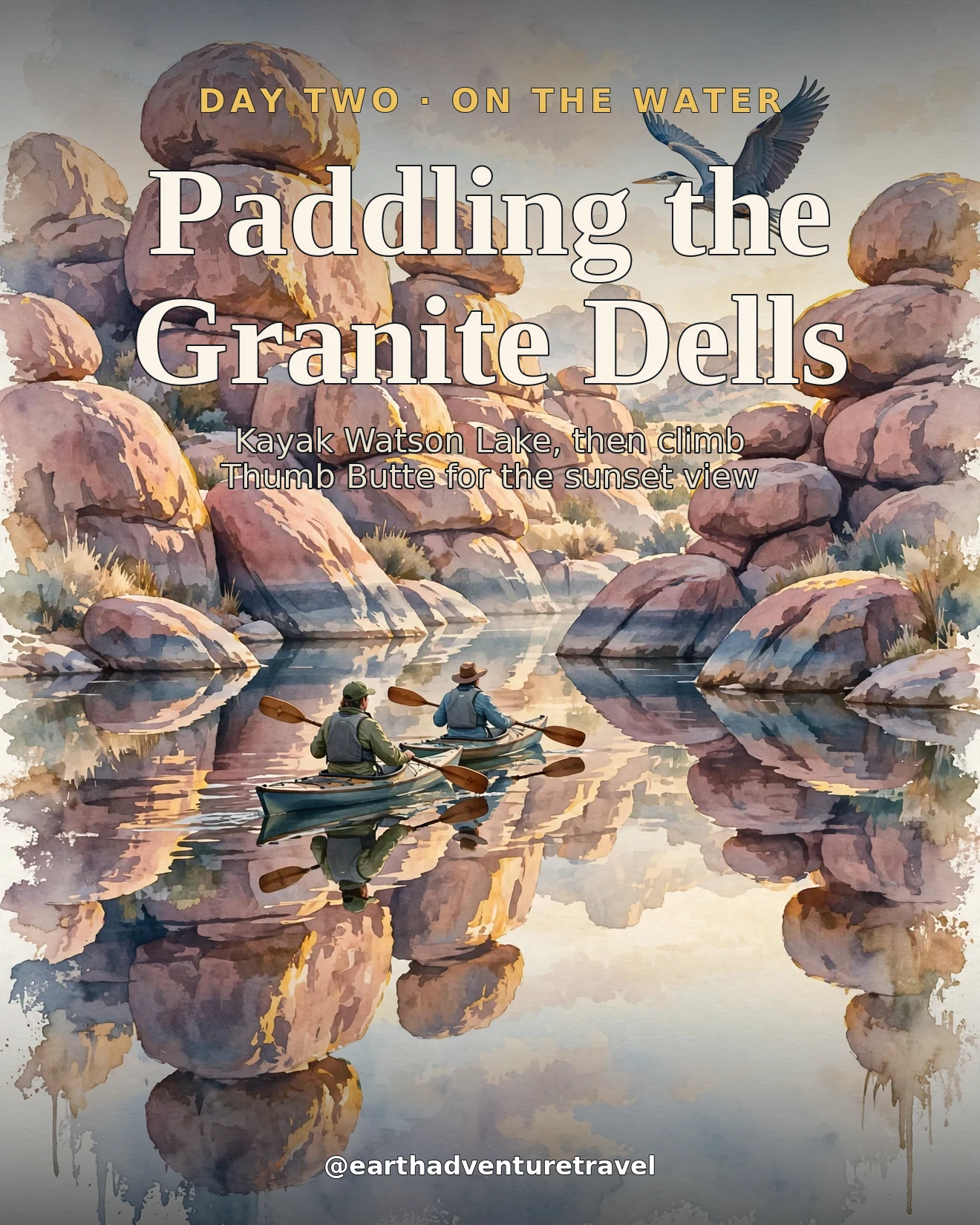 Day 2 itinerary card: kayakers among granite boulders on glassy water