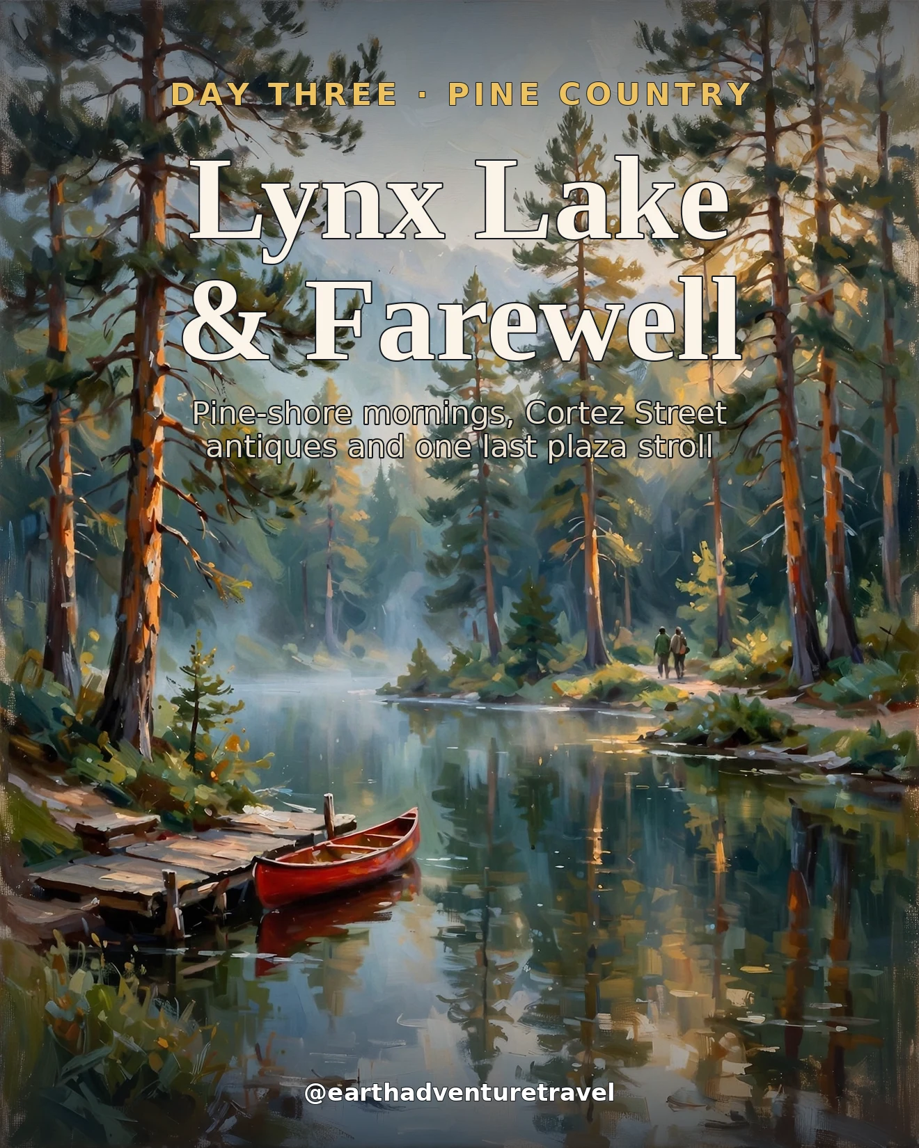Day 3 itinerary card: a pine-ringed lake with a red canoe at dawn
