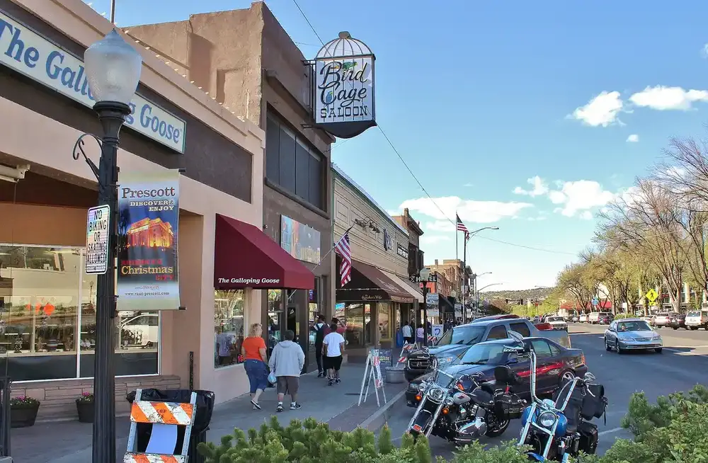 Whiskey Row in Prescott with the Bird Cage Saloon sign