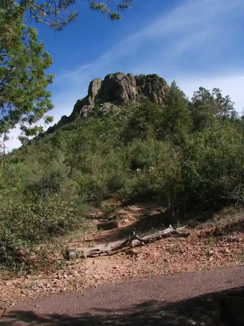 Thumb Butte rising over the trail with ponderosa pines